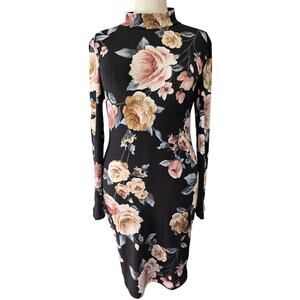 Junior Plus 3X Floral Bodycon Dress Black Pink Open Back Strappy Mock Neck